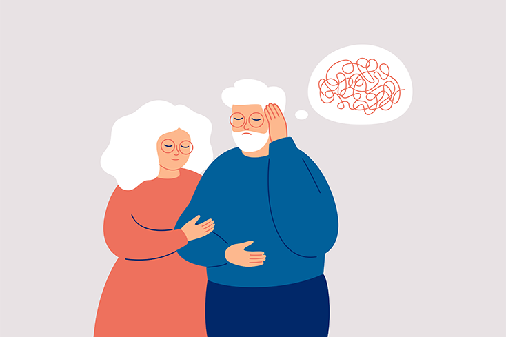 Older man and woman holding arms while man has brain fog