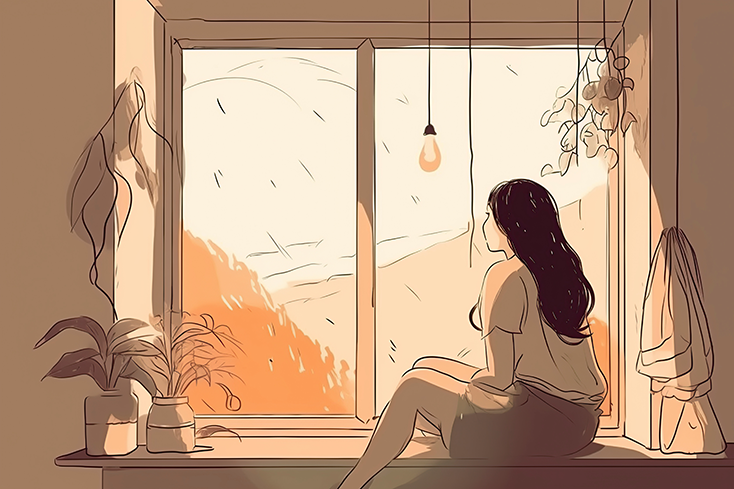 Illustration of person looking out a window