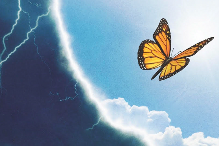 Butterfly flying in a sunny and stormy sky