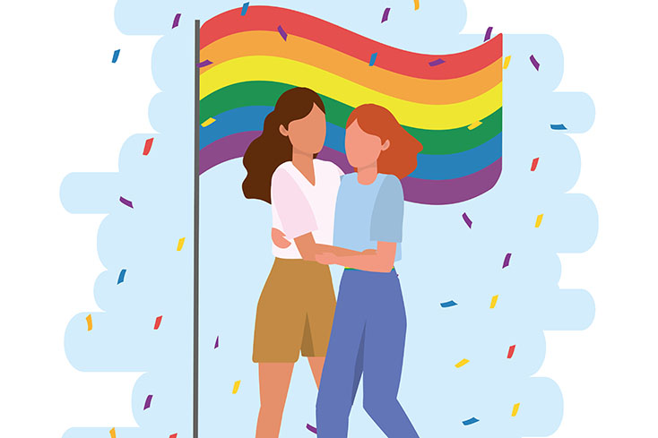 Illustration of Pride flag and two women