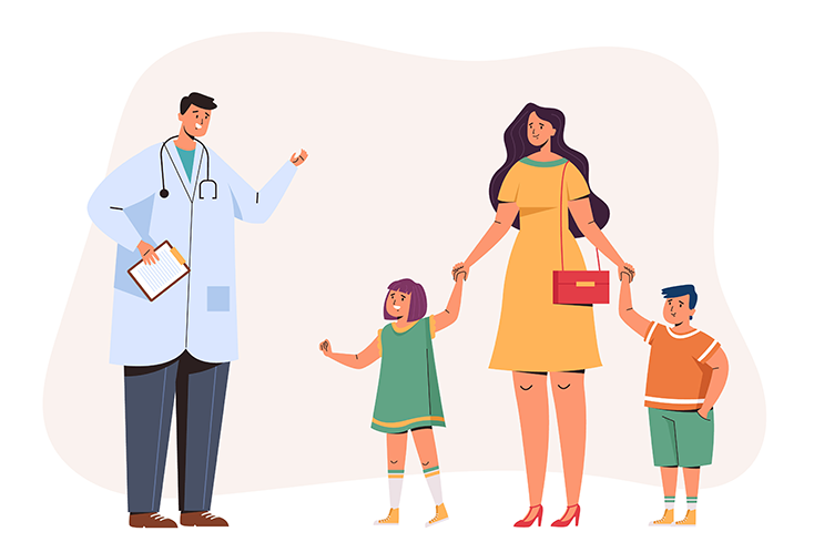 Woman with children speaking with physician