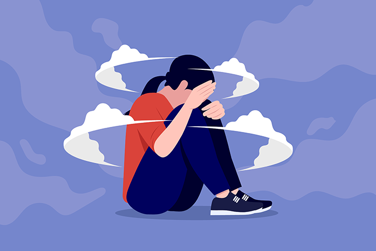 Illustration of girl resting head on knees