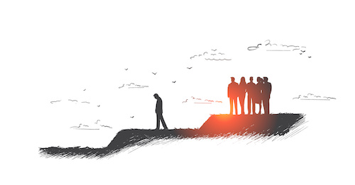 illustration of a man walking away alone from a group of people