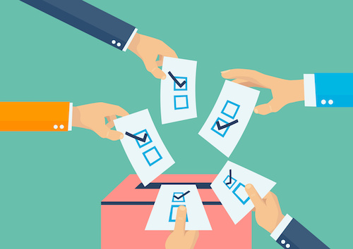 illustration of hands putting ballots into a box