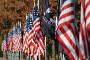 Row of American flags with POW-MIA flags