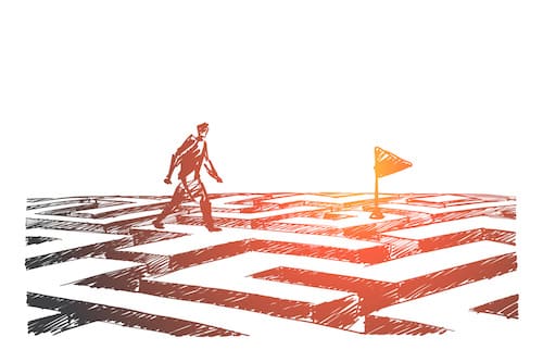 illustration of a person walking on a maze toward a flag