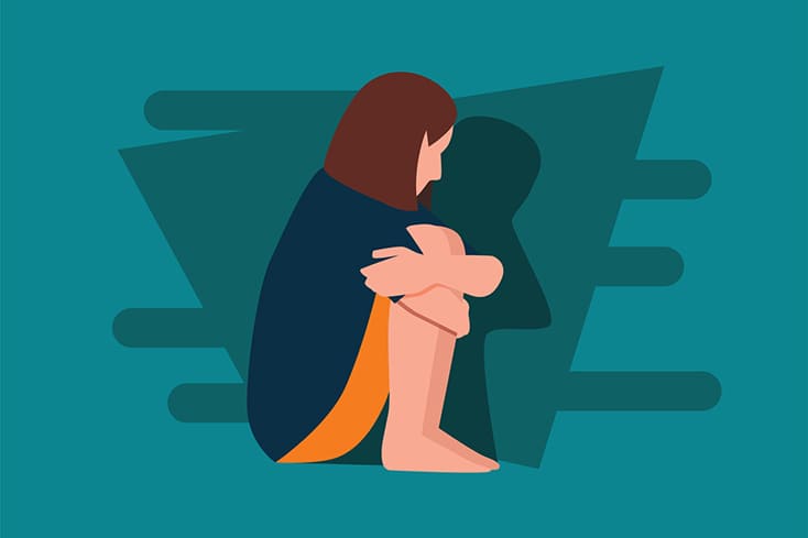 Illustration of woman sitting on the ground hugging her knees