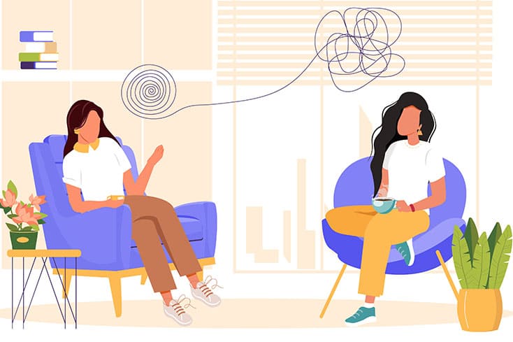 Illustration of two women sitting in chairs talking