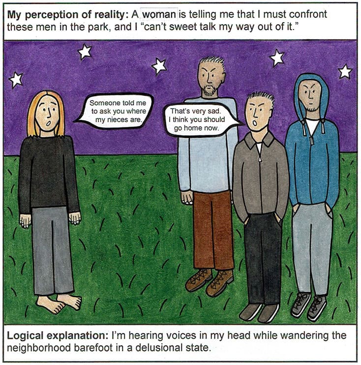 cartoon drawing of woman talking to men in park