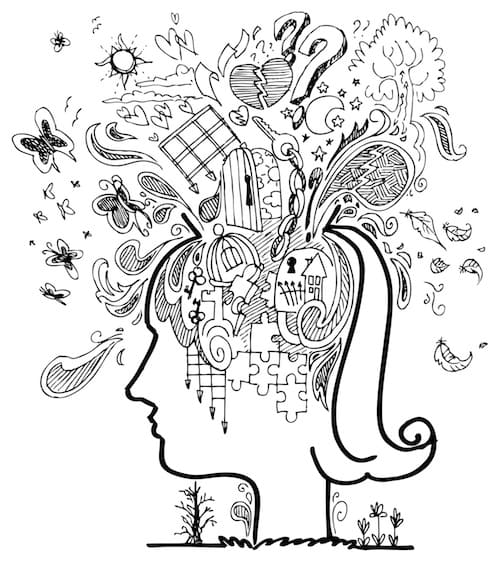 Illustration of a profile with swirling doodles including butterflies, puzzle pieces, leaves, and keys flowing from the head