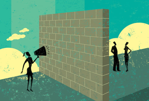 illustration of a woman shouting to people on the other side of a brick wall