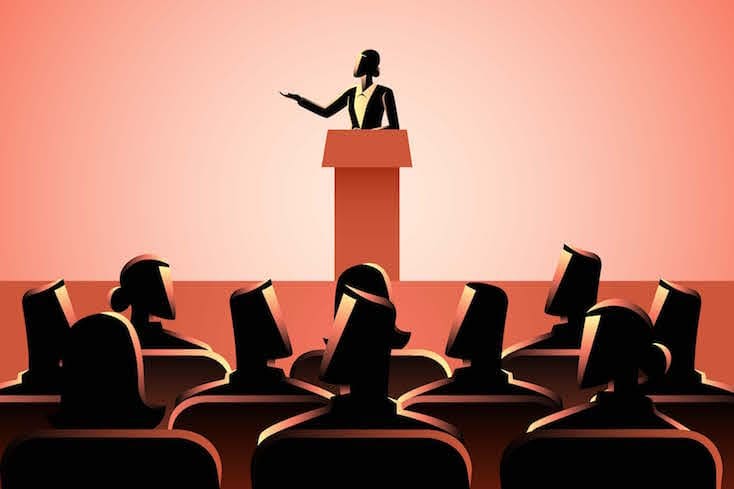 Illustration of woman speaking at a podium