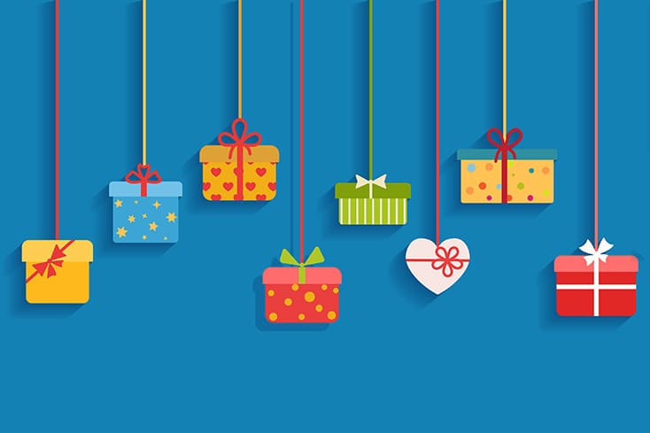 illustration of various gift boxes hanging from strings