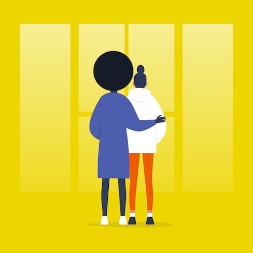 illustration of a healthcare worker with her arm around a young girl at a doorway