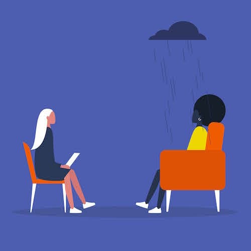 illustration of a therapist talking with a woman with a dark cloud raining on her head