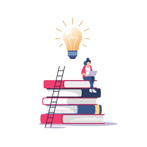 illustration of a woman sitting on a stack of books typing on a laptop with a lightbulb shining over her head