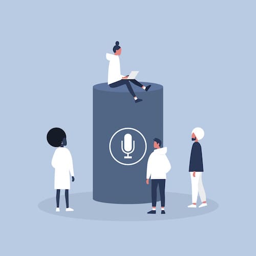 Illustration of millennials around a microphone