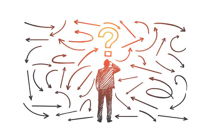 illustration of a man with a big question mark over his head and arrows pointing in all different directions