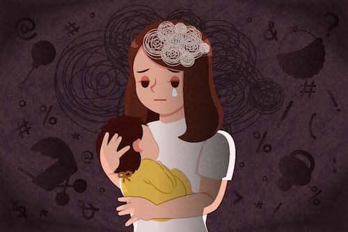 illustration of a woman holding a baby with a tear on her cheek