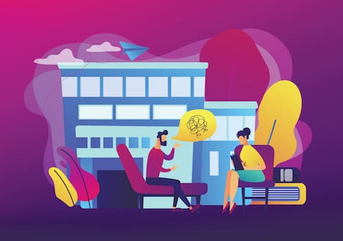 illustration of a man talking with a therapist with a talk bubble full of scribbles over his head