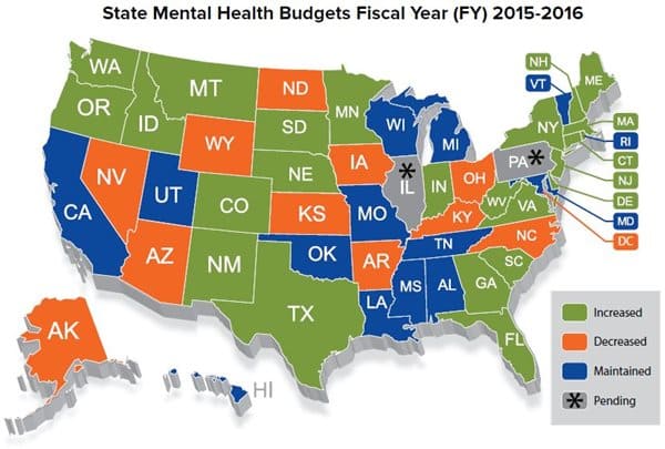 US Map - State Mental Health Budgets Fiscal Year 2015-2016