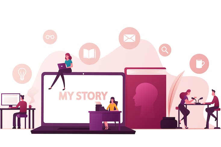 illustration of various people writing and sharing stories