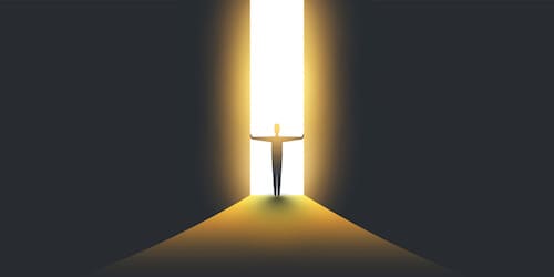 illustration of a person in a dark room standing in very brightly lit doorway with arms outstretched 