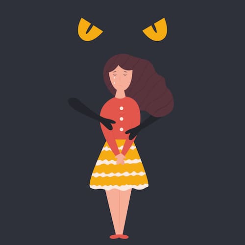 illustration of a crying woman being grabbed from behind by a dark creature