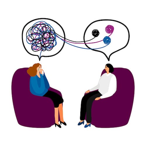 illustration of therapy session with talk bubbles containing tangled balls of yarn