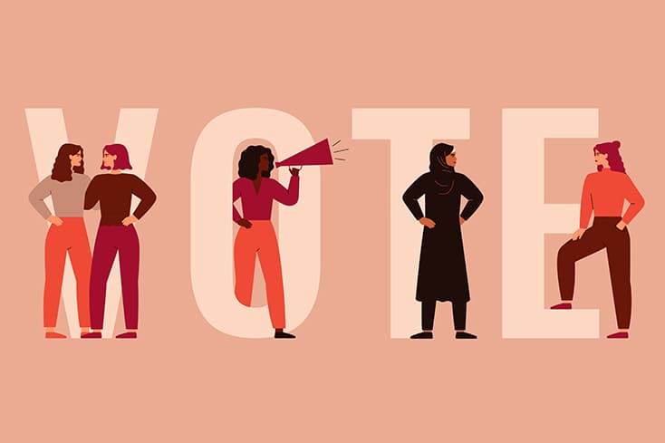 illustration of a diverse group of women standing around giant letters V-O-T-E