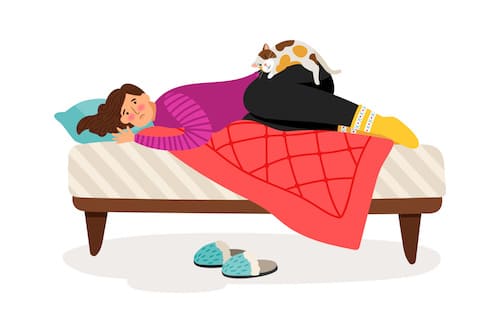 illustration of a person and cat laying in a bed