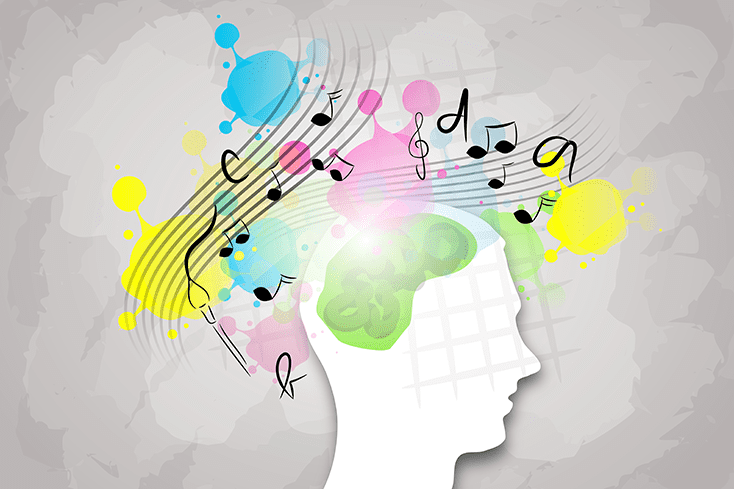 music notes surrounding man's head