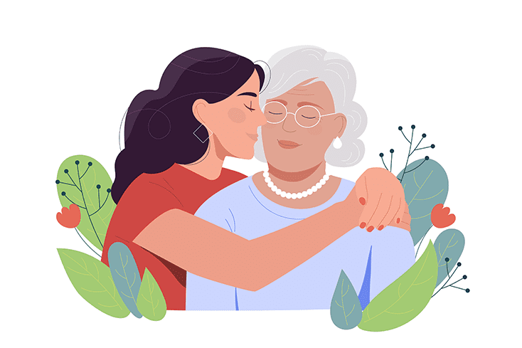 Illustration of mother and daughter hugging